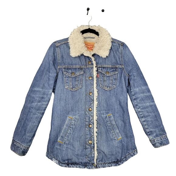 LEVI STRAUSS Sherpa Lined Denim Jean Jacket Trucker Snap Front SIZE XS - Picture 2 of 16